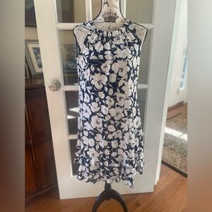 MSK Navy White Floral Ruffle Hem Dress ~ Subtle yellow sequin ~ M